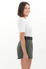 Marlyn Shorts - High Waisted Short with Statement Belt in Military Green