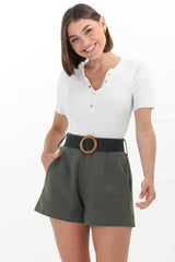 Marlyn Shorts - High Waisted Short with Statement Belt in Military Green