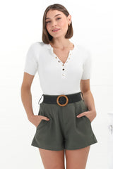 Marlyn Shorts - High Waisted Short with Statement Belt in Military Green