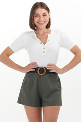 Marlyn Shorts - High Waisted Short with Statement Belt in Military Green