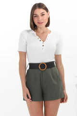 Marlyn Shorts - High Waisted Short with Statement Belt in Military Green