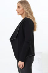 Marlyn Jacket - Faux Leather Trim Lapel Collar Jacket with Pintuck Detailed Sleeves in Black
