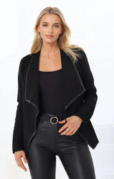 Marlyn Jacket - Faux Leather Trim Lapel Collar Jacket with Pintuck Detailed Sleeves in Black