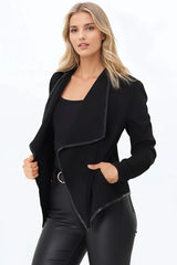 Marlyn Jacket - Faux Leather Trim Lapel Collar Jacket with Pintuck Detailed Sleeves in Black