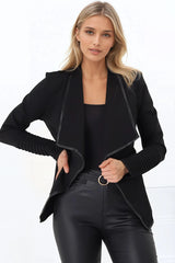 Marlyn Jacket - Faux Leather Trim Lapel Collar Jacket with Pintuck Detailed Sleeves in Black