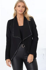 Marlyn Jacket - Faux Leather Trim Lapel Collar Jacket with Pintuck Detailed Sleeves in Black