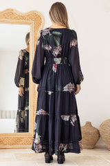 Maroney Maxi Dress - Pleat Detailed A-Line Dress with Balloon Sleeves in Mika Print Navy
