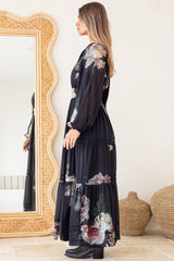 Maroney Maxi Dress - Pleat Detailed A-Line Dress with Balloon Sleeves in Mika Print Navy