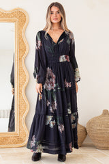 Maroney Maxi Dress - Pleat Detailed A-Line Dress with Balloon Sleeves in Mika Print Navy