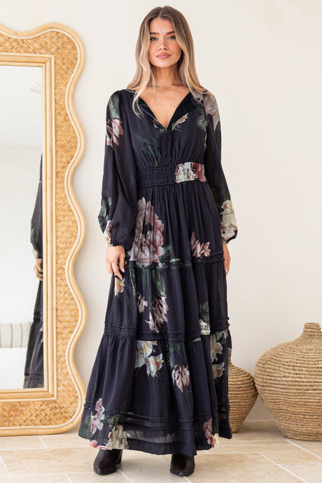 Maroney Maxi Dress - Pleat Detailed A-Line Dress with Balloon Sleeves in Mika Print Navy