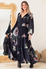 Model wearing Maroney Maxi Dress in Mika Print Navy from Salty Crush