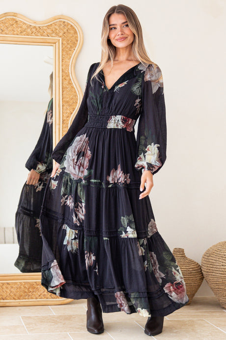 Model wearing Maroney Maxi Dress in Mika Print Navy from Salty Crush