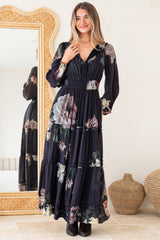 Maroney Maxi Dress - Pleat Detailed A-Line Dress with Balloon Sleeves in Mika Print Navy