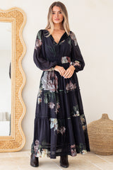 Maroney Maxi Dress - Pleat Detailed A-Line Dress with Balloon Sleeves in Mika Print Navy