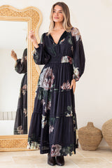 Maroney Maxi Dress - Pleat Detailed A-Line Dress with Balloon Sleeves in Mika Print Navy