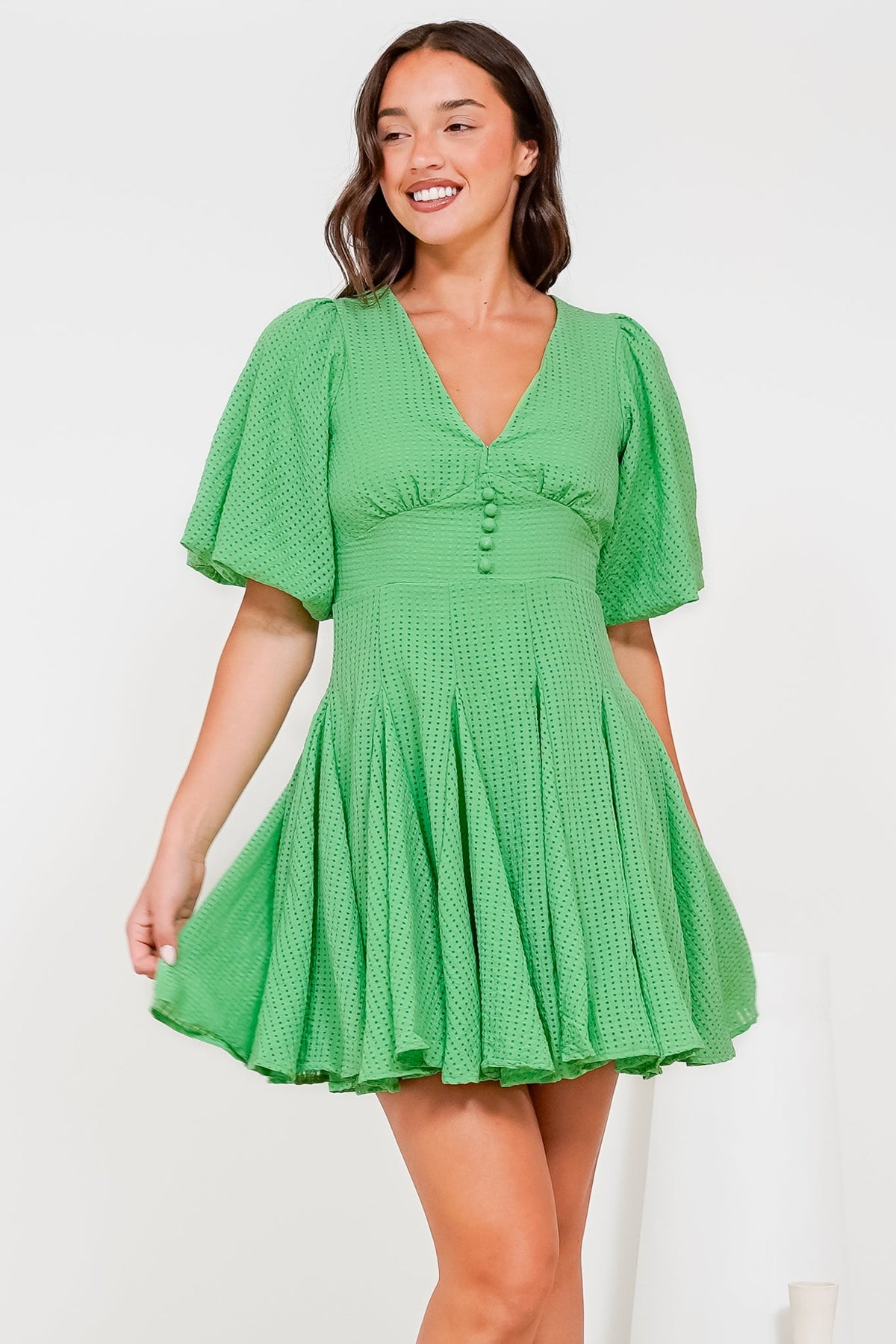 Marsala V-Neck Puff Sleeve Skater Dress in Green