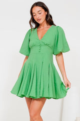 Marsala Mini Dress - V-Neck Puff Sleeve Skater Skirt Dress in Green