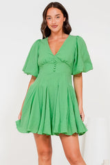 Marsala Mini Dress - V-Neck Puff Sleeve Skater Skirt Dress in Green