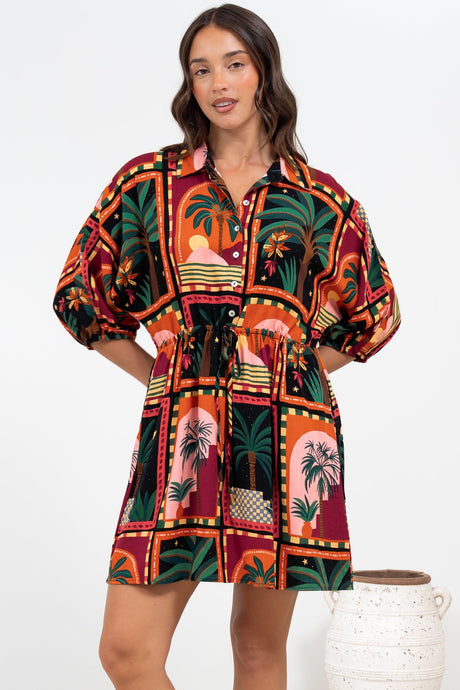Marsdan Mini Dress - Collared Buttoned Bodice Pull Tie Waist Dress in Casablanca Print