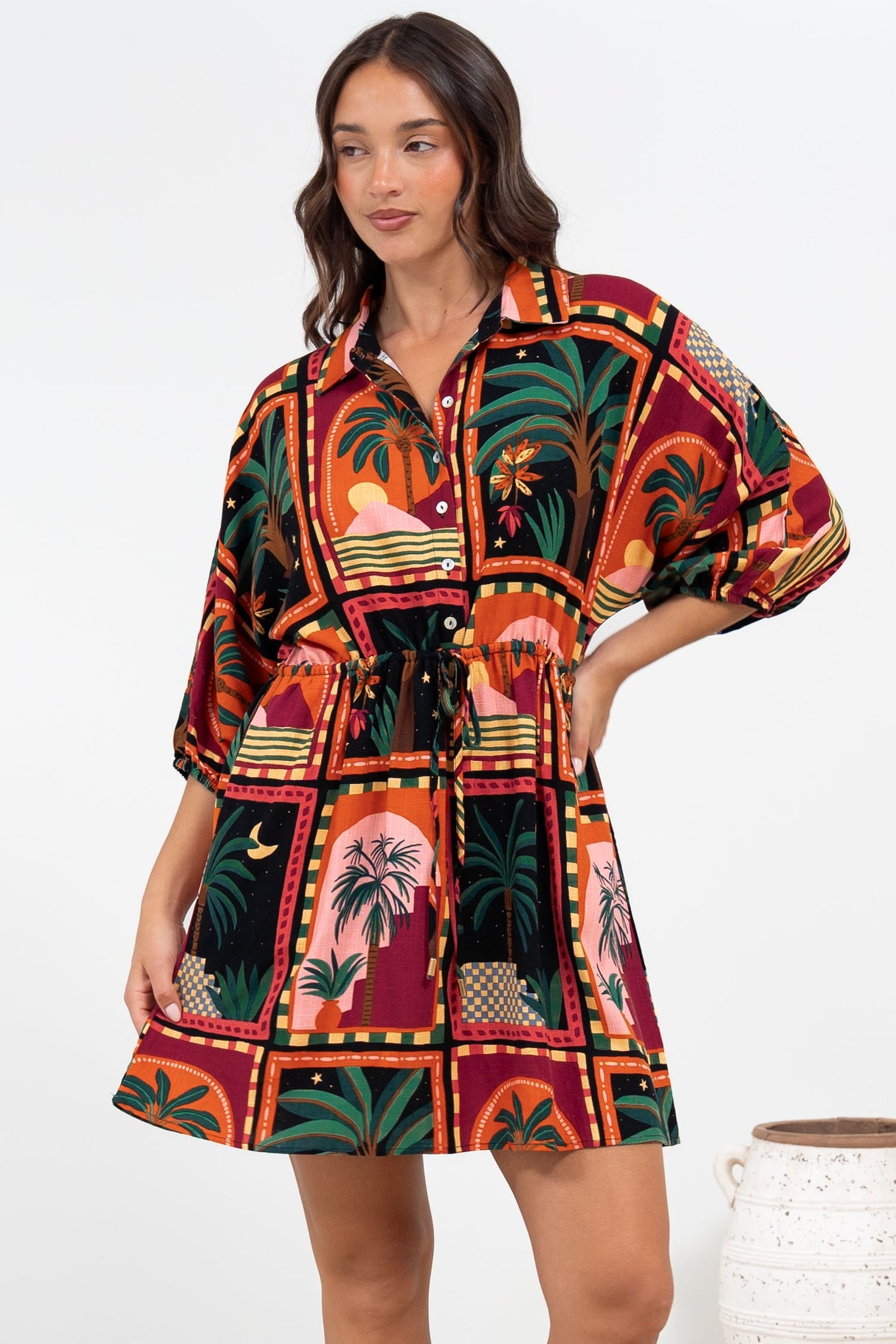 Marsdan Mini Dress - Collared Buttoned Bodice Pull Tie Waist Dress in Casablanca Print
