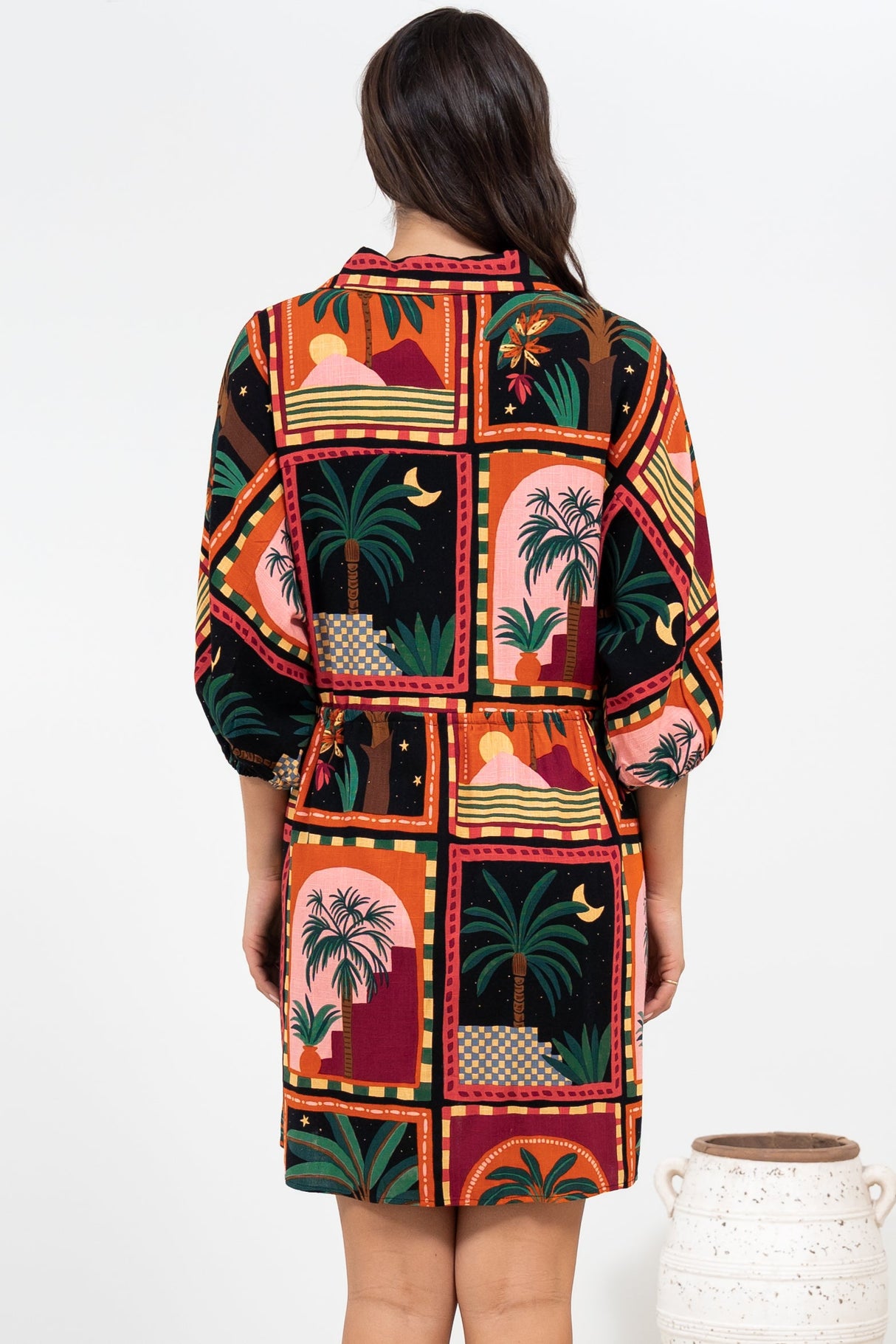 Marsdan Mini Dress - Collared Buttoned Bodice Pull Tie Waist Dress in Casablanca Print