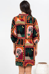 Marsdan Mini Dress - Collared Buttoned Bodice Pull Tie Waist Dress in Casablanca Print