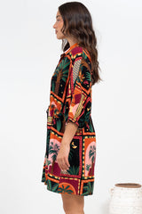 Marsdan Mini Dress - Collared Buttoned Bodice Pull Tie Waist Dress in Casablanca Print