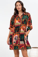 Marsdan Mini Dress - Collared Buttoned Bodice Pull Tie Waist Dress in Casablanca Print