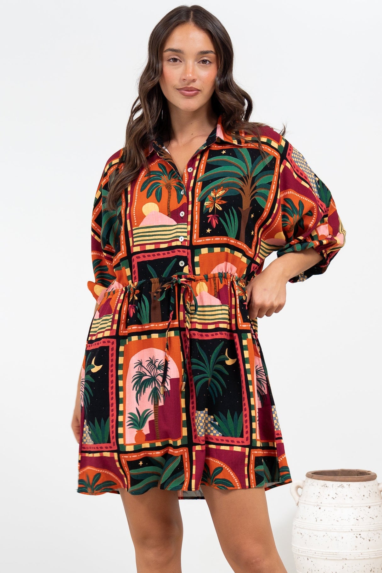 Marsdan Mini Dress - Collared Buttoned Bodice Pull Tie Waist Dress in Casablanca Print