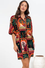 Marsdan Mini Dress - Collared Buttoned Bodice Pull Tie Waist Dress in Casablanca Print