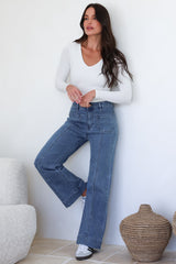 Model wearing Marsha Jeans in Mid Denim Wash from Salty Crush