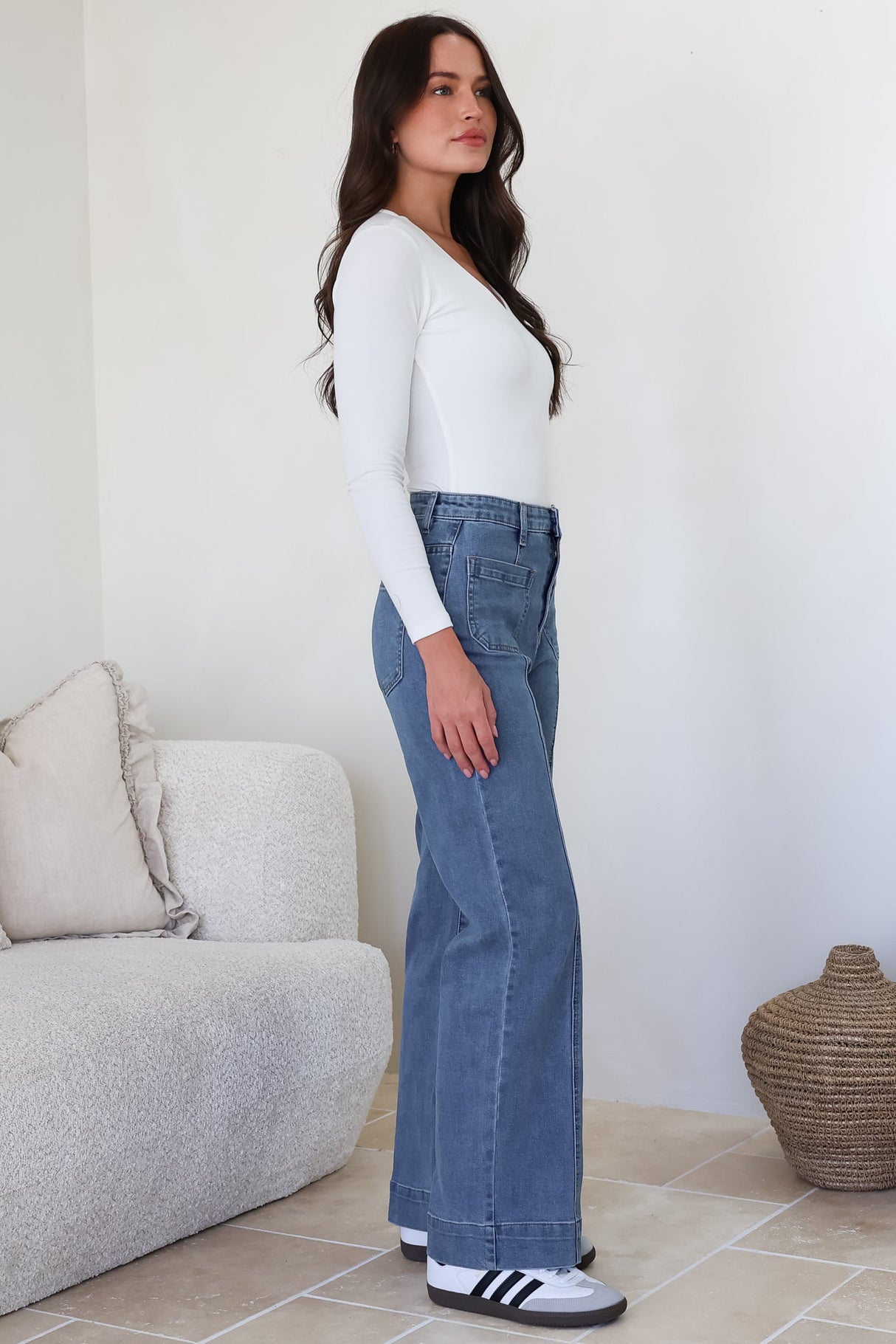 Marsha Jeans - High Waisted Wide Leg Jean with Front Seam Detail in Mid Denim Wash