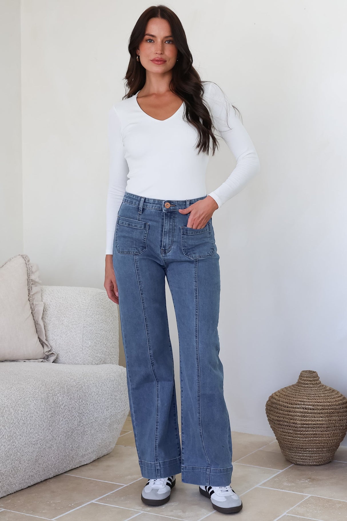 Marsha Jeans - High Waisted Wide Leg Jean with Front Seam Detail in Mid Denim Wash