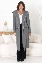 Marshall Cardigan - Hooded Herringbone Open Knit Cardigan in Black