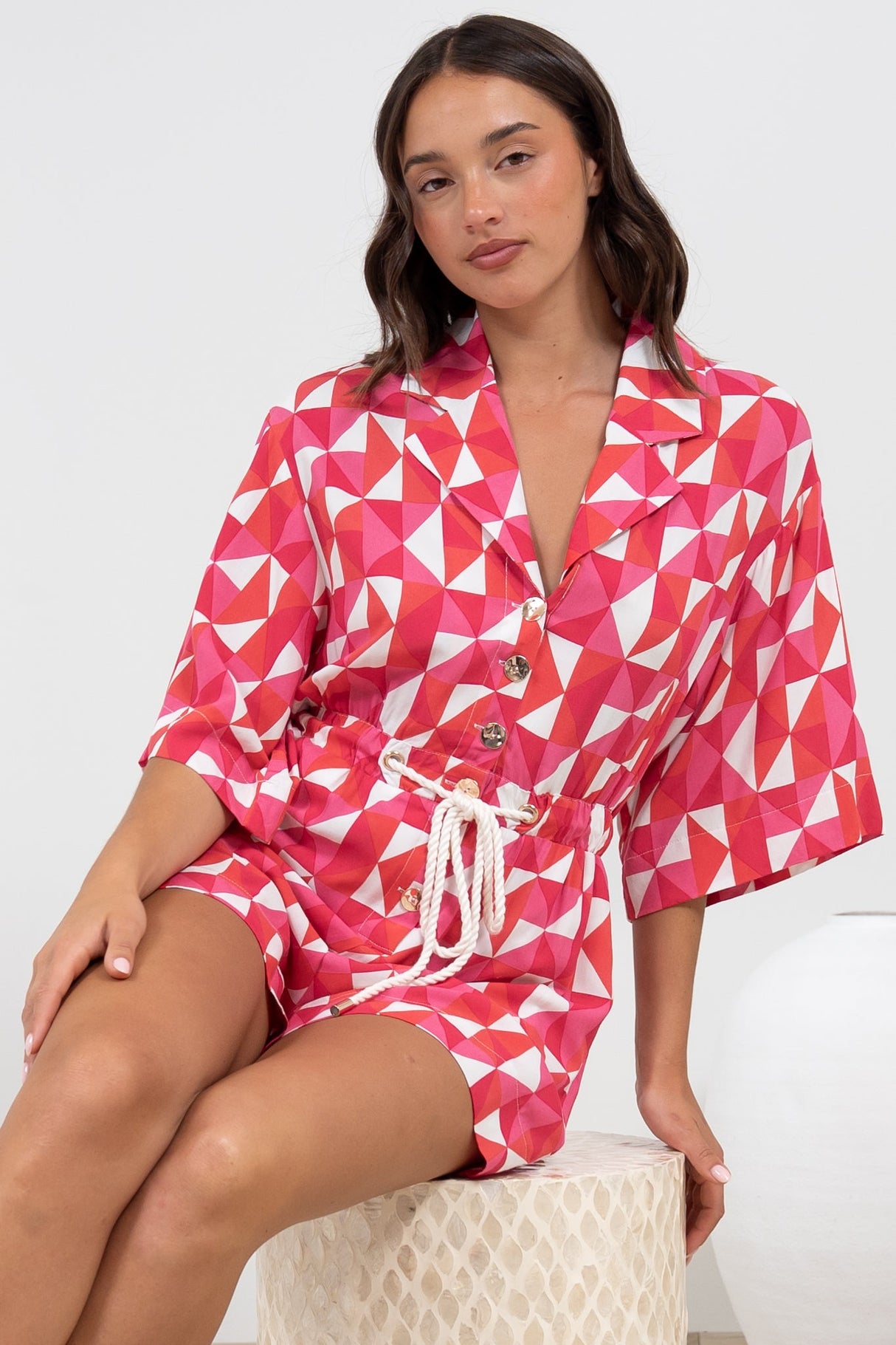 Marylin Playsuit - Collared Button Down Playsuit with Rope Pull Tie Waist in Lynne Print
