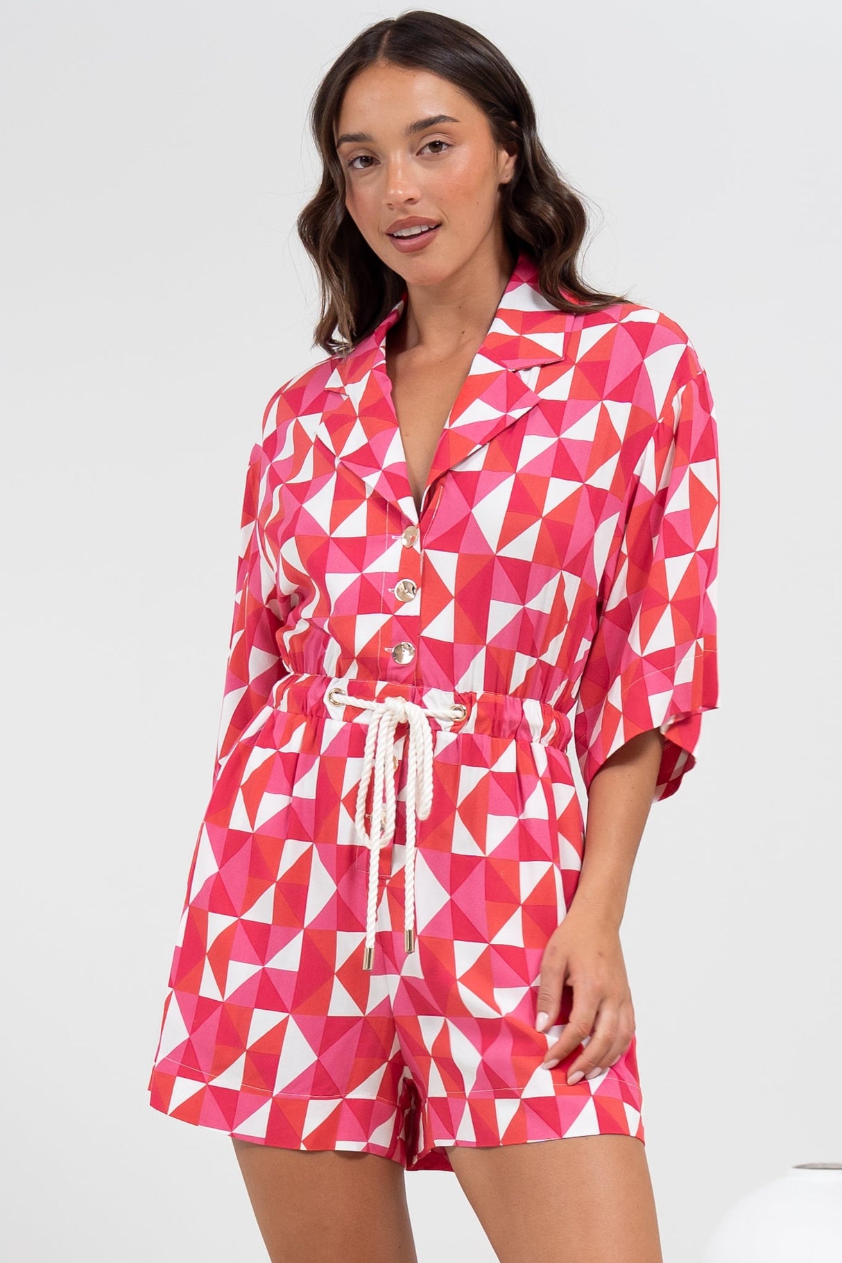 Marylin Playsuit - Collared Button Down Playsuit with Rope Pull Tie Waist in Lynne Print