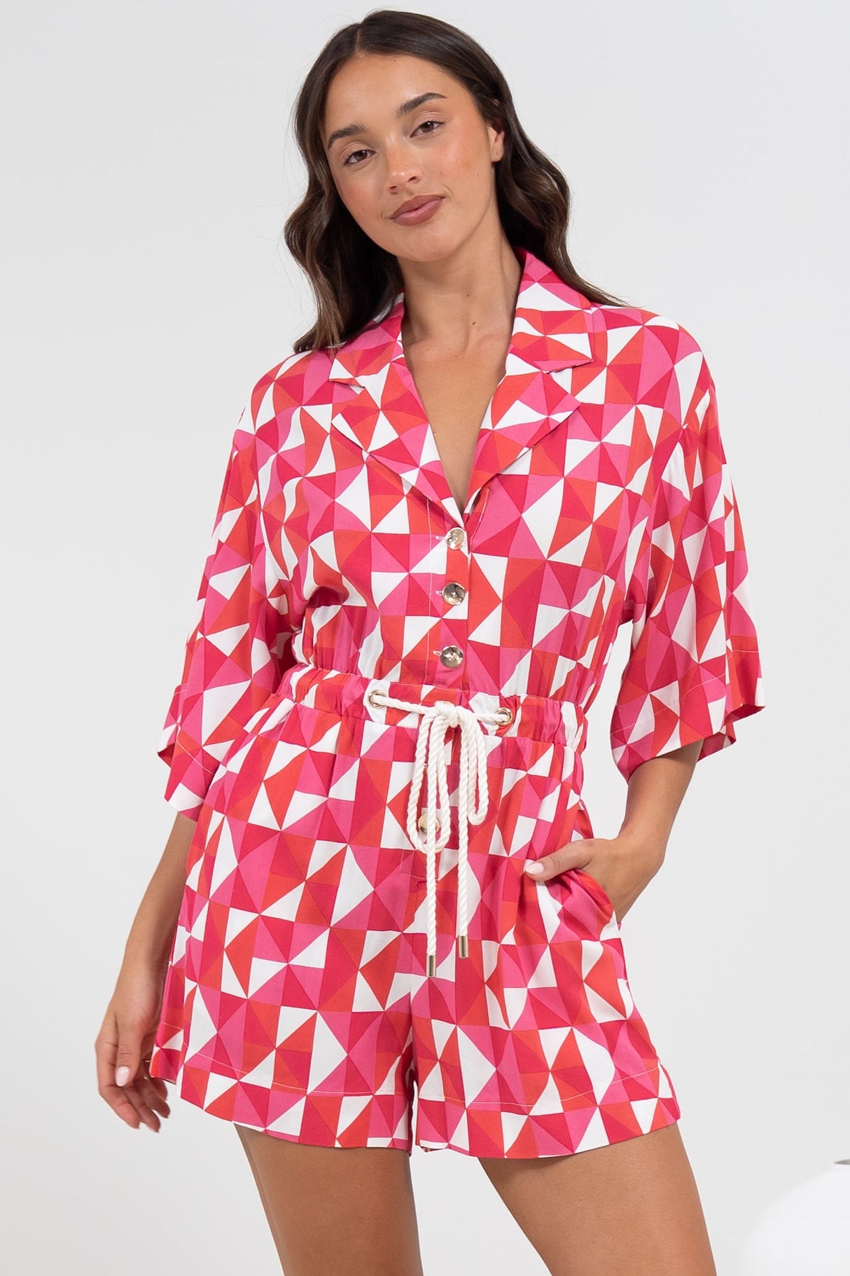 Marylin Playsuit - Collared Button Down Playsuit with Rope Pull Tie Waist in Lynne Print