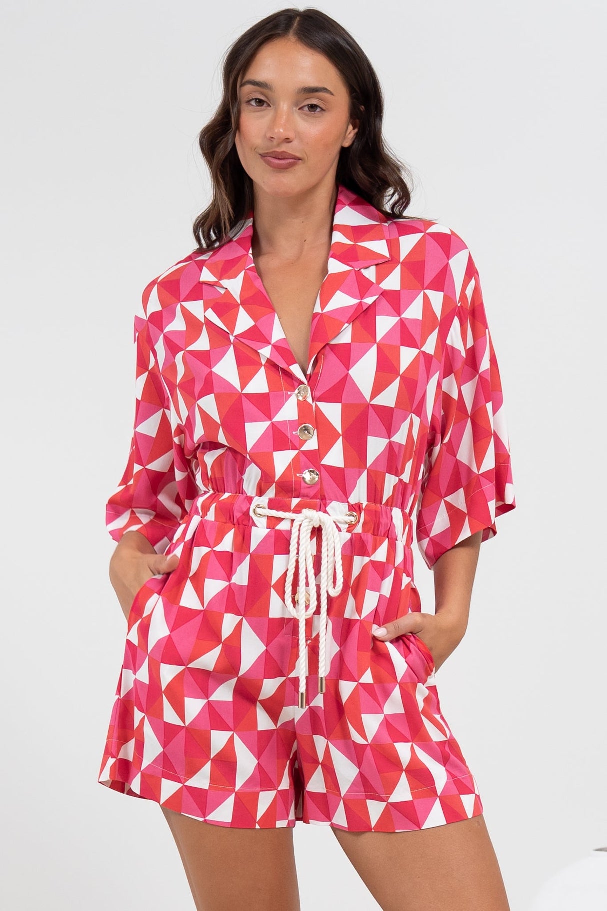 Marylin Playsuit - Collared Button Down Playsuit with Rope Pull Tie Waist in Lynne Print