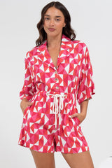 Marylin Playsuit - Collared Button Down Playsuit with Rope Pull Tie Waist in Lynne Print
