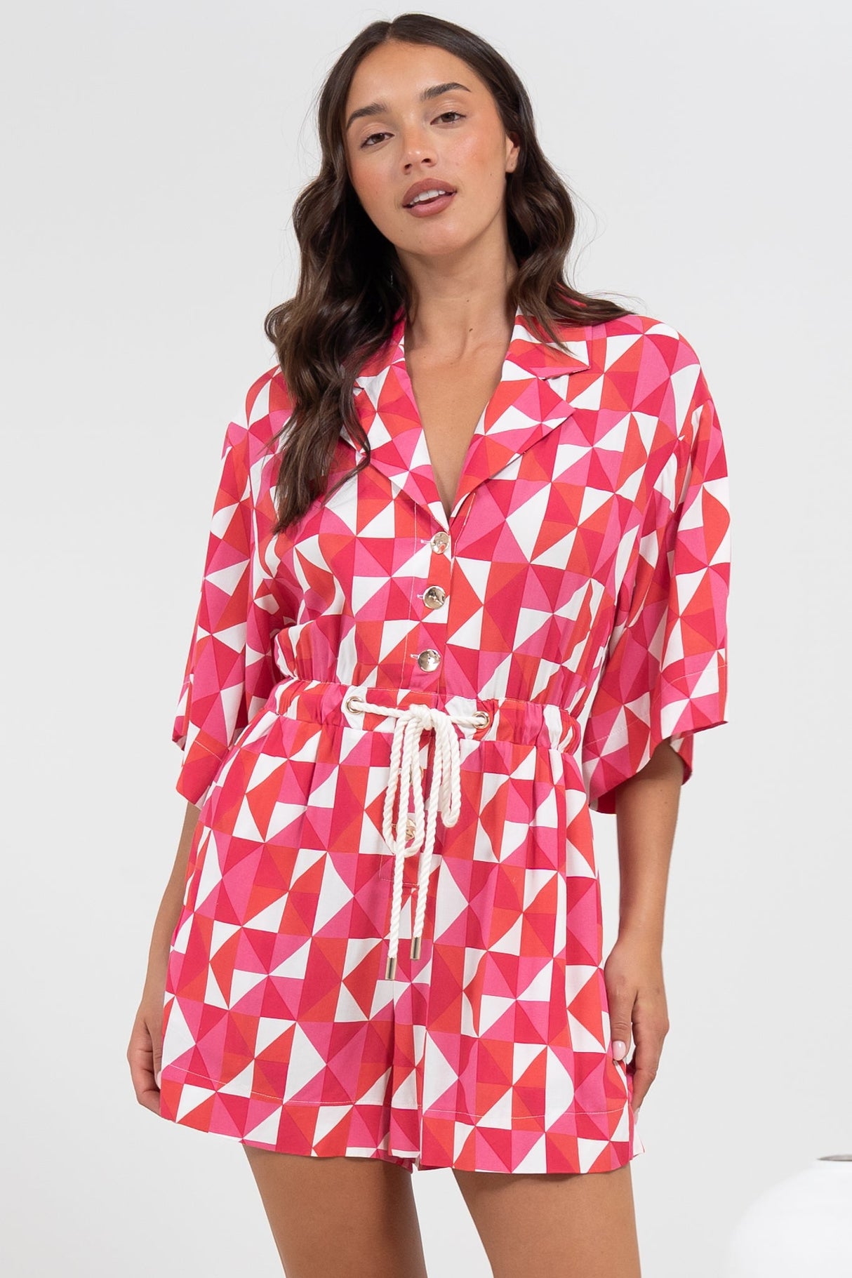 Marylin Playsuit - Collared Button Down Playsuit with Rope Pull Tie Waist in Lynne Print