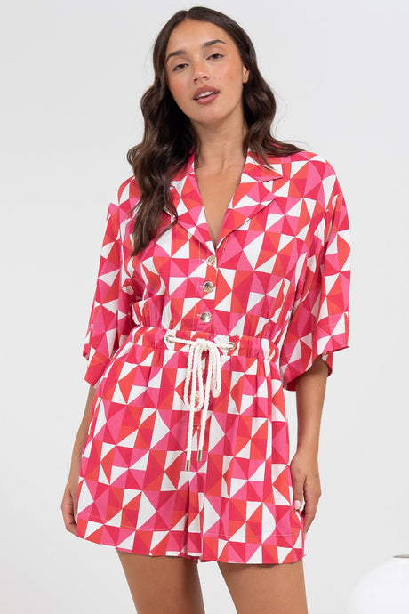 Marylin Playsuit - Collared Button Down Playsuit with Rope Pull Tie Waist in Lynne Print