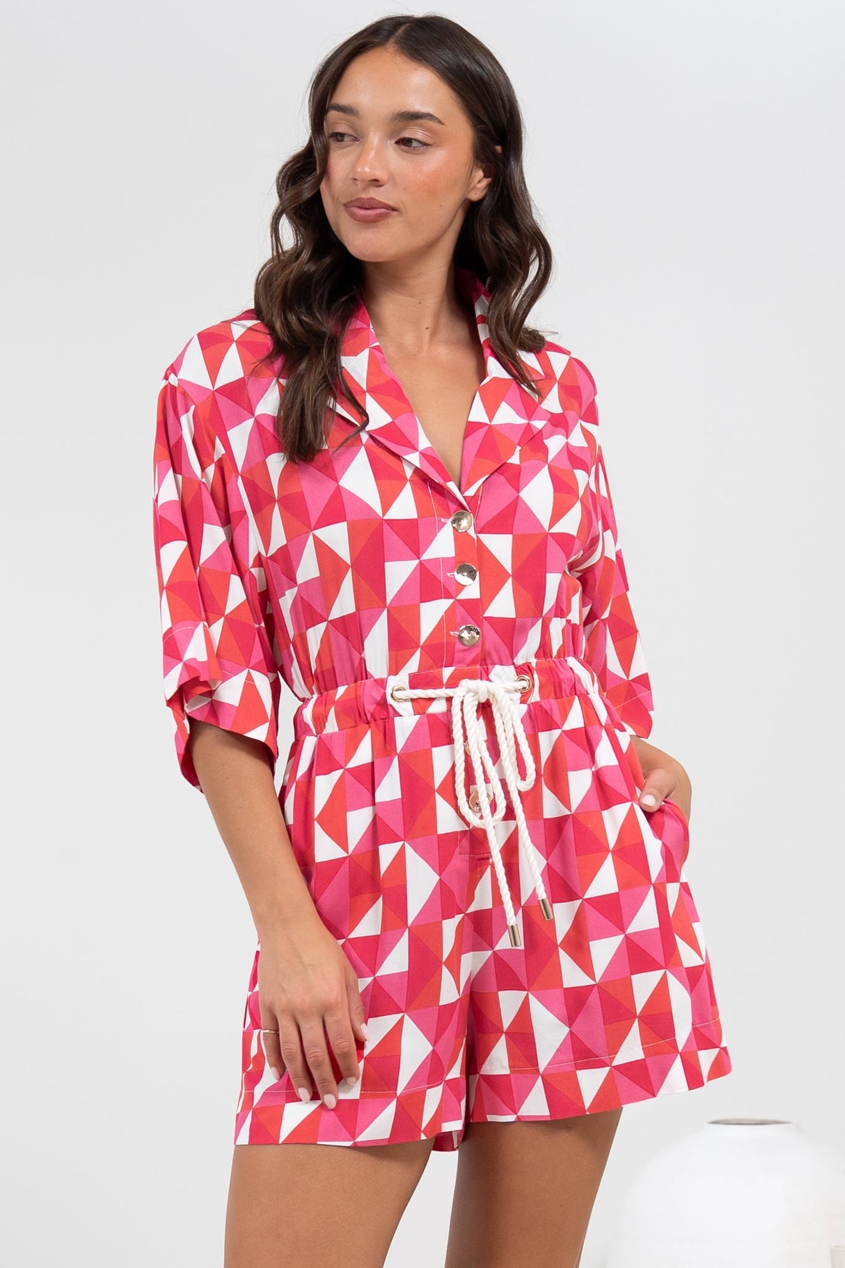 Marylin Playsuit - Collared Button Down Playsuit with Rope Pull Tie Waist in Lynne Print