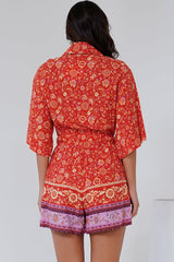 Marylin Playsuit - Collared Button Down Playsuit with Rope Pull Tie Waist in Maevi Print