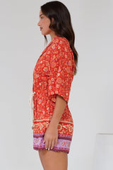 Marylin Playsuit - Collared Button Down Playsuit with Rope Pull Tie Waist in Maevi Print