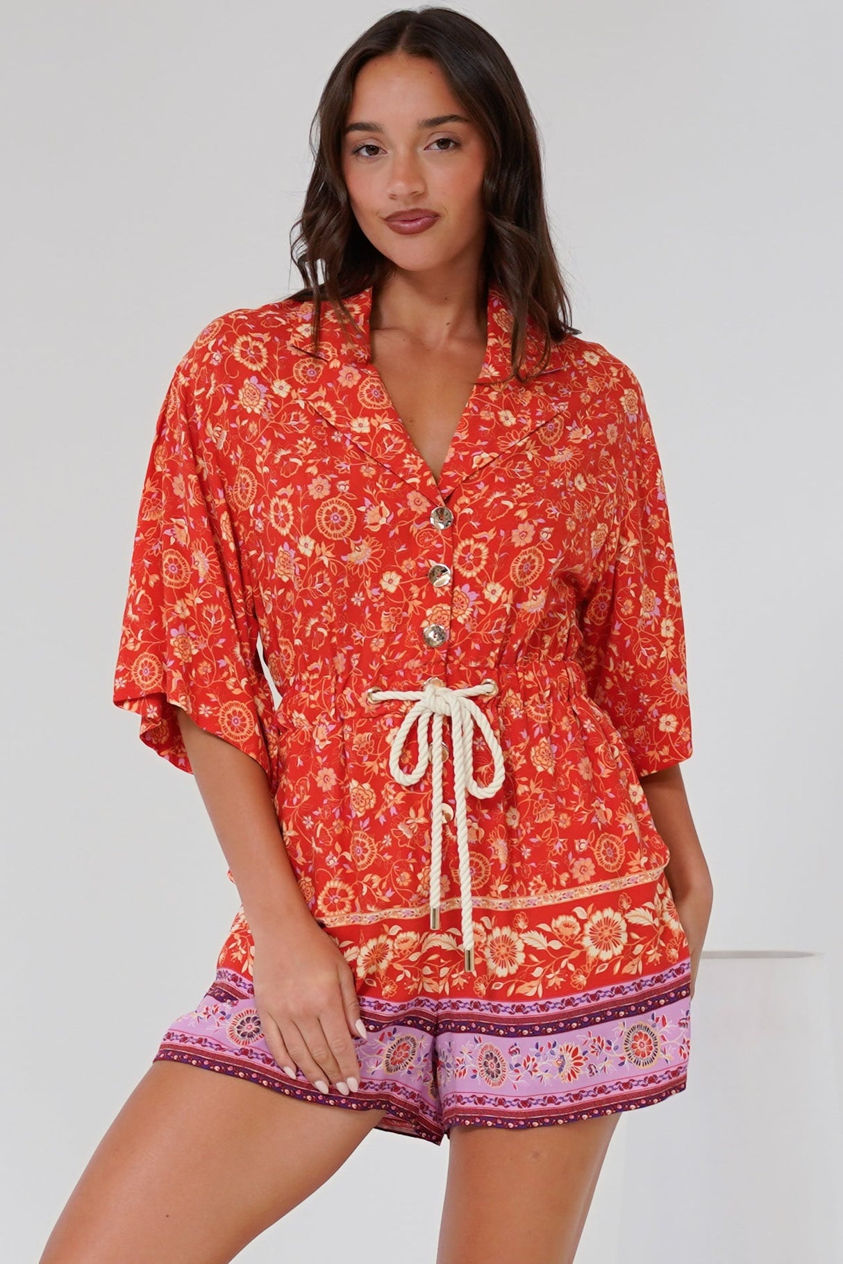 Marylin Playsuit - Collared Button Down Playsuit with Rope Pull Tie Waist in Maevi Print