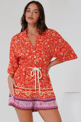 Marylin Playsuit - Collared Button Down Playsuit with Rope Pull Tie Waist in Maevi Print