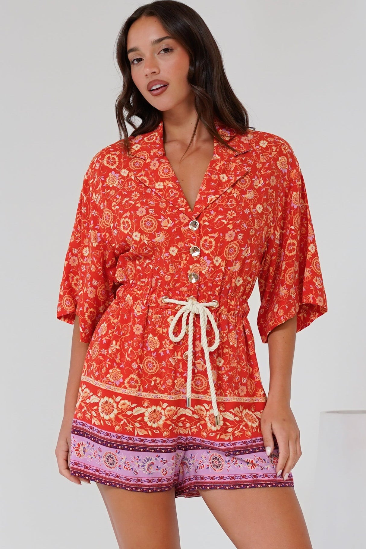 Marylin Playsuit - Collared Button Down Playsuit with Rope Pull Tie Waist in Maevi Print