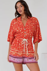 Marylin Playsuit - Collared Button Down Playsuit with Rope Pull Tie Waist in Maevi Print