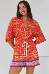Marylin Playsuit - Collared Button Down Playsuit with Rope Pull Tie Waist in Maevi Print