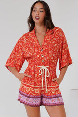 Marylin Playsuit - Collared Button Down Playsuit with Rope Pull Tie Waist in Maevi Print